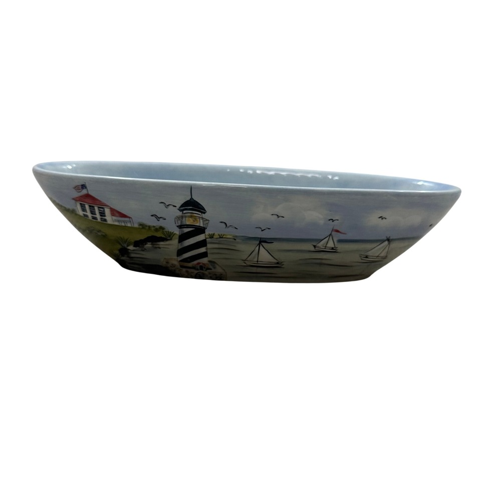 The Sakura Table Nantucket Shoreline Oval Serving‎ Bowl Lighthouse Sailboat 13in